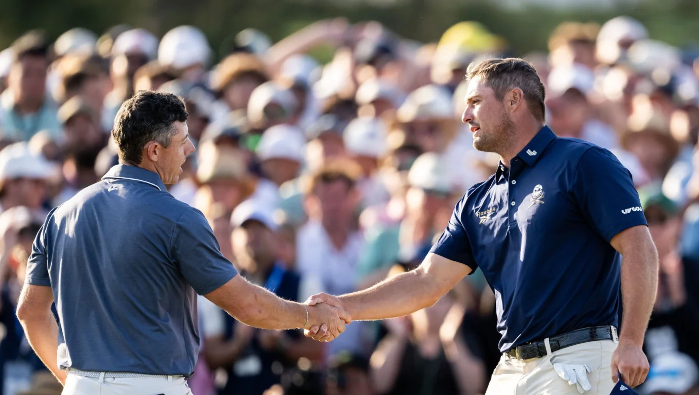 Rory McIlroy si podává ruku s Bryson DeChambeauem na osmnáctém greenu finálového kola The Masters 2025 v Augustě