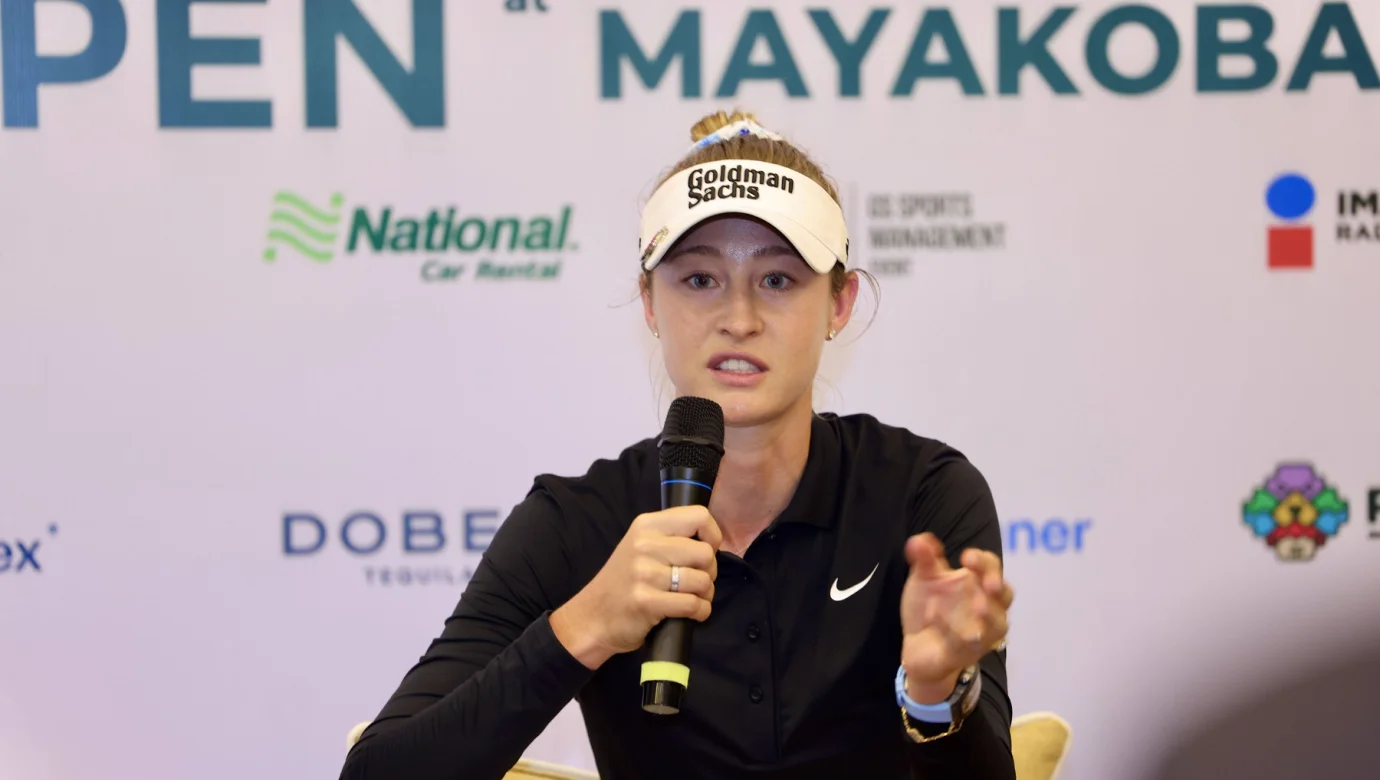 Nelly Korda při svém setkání s novináři na turnaji Riviera Maya Open at Mayakoba 2026 v Mexiku